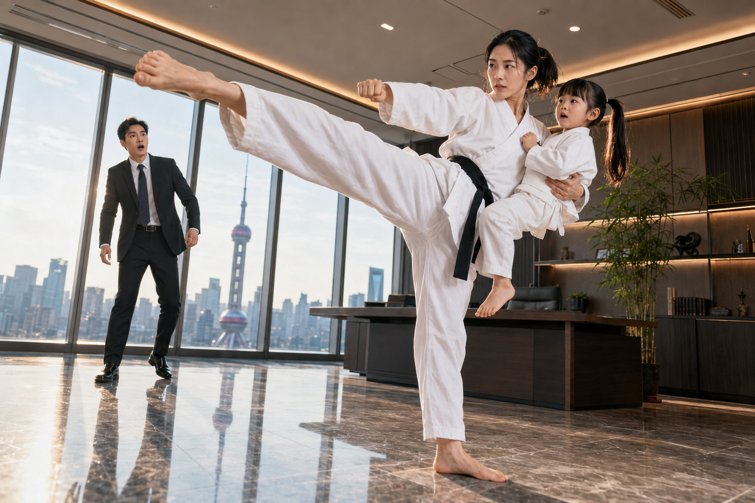 Madre experta en artes marciales protege a su hija frente a un empresario sorprendido